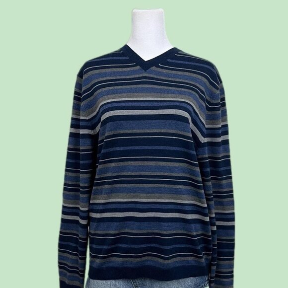 blue and gray striped light weight merino wool knit sweater - Picture 1 of 7